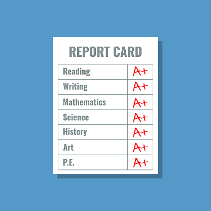 school report card with A plus grades, flat design vector illustration