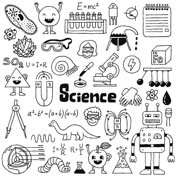School science doodle set 1. Hand drawn vector illustration. School science doodle set 1. Hand drawn vector illustration. Black and white. sir isaac newton images stock illustrations