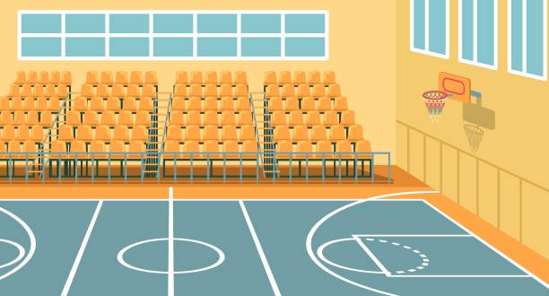 School Sports Hall for Trainings, Games and Events Sports Hall at High School for Team Trainings and Basketball Games. Perfect Venue for Events. Gym Available to Hire. High Quality Indoor Court with Seats for Spectators, Fans and Supporters. basketball court stock illustrations
