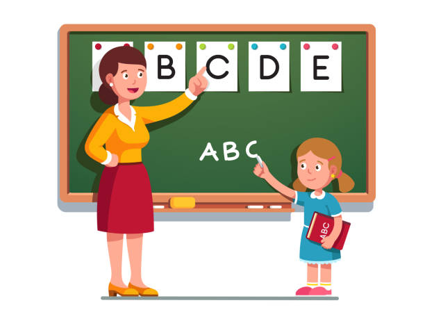 School student girl learning to write letters School student girl at lesson learning to write alphabet letters. Teacher help kid studying writing ABC on blackboard. Primary school class education. Flat vector classroom character illustration writing activity clipart stock illustrations
