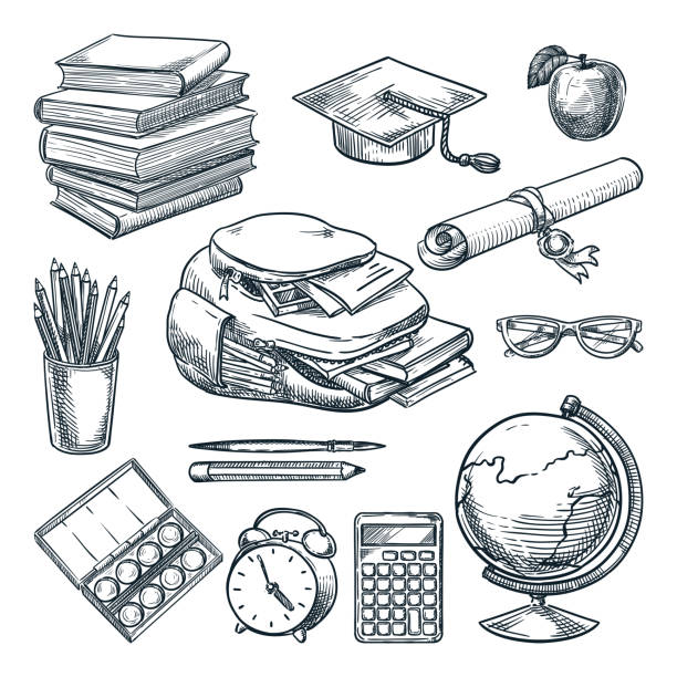 School supplies and education design elements, isolated on white background. Hand drawn sketch vector illustration School supplies set. Hand drawn sketch vector illustration. Backpack, books, notebooks, graduation cap, diploma, globe doodle icons. Education design elements, isolated on white background graduation drawings stock illustrations