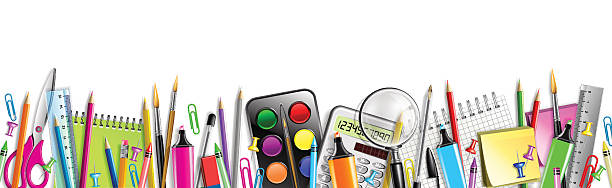 School Supplies Banner Isolated On White Office Supplies in arrangement horizontal education borders stock illustrations