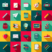 A set of flat design styled back to school supplies icons with a long side shadow. Color swatches are global so it’s easy to edit and change the colors.