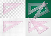 School supplies. Measuring tool. Realistic pink plastic transparent triangle ruler 5 cm and 4 inch for drawing lines at angle of 90, 60 and 30 degrees. Application examples on different backgrounds