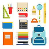 School supplies set with school bag, ruler, calculator, pen, pencils, paints, backpack, etc. Vector illustrations.