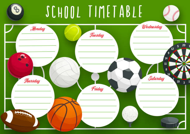 School timetable template of education planner School timetable schedule vector template of education planner with sport frame background. Study plan of elementary school student weekly lesson chart, educational planner with balls, dartboard, puck soccer borders stock illustrations
