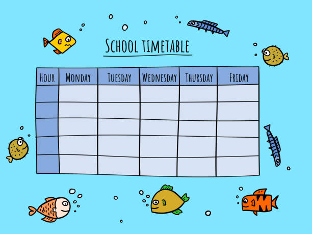 School timetable template with fish in sea. Hand drawn illustration. Ready to print.  printable of fish drawing stock illustrations