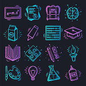 School training and practice neon doodle style outline symbols on dark background. Vector icons set for infographics, mobile or web page designs.