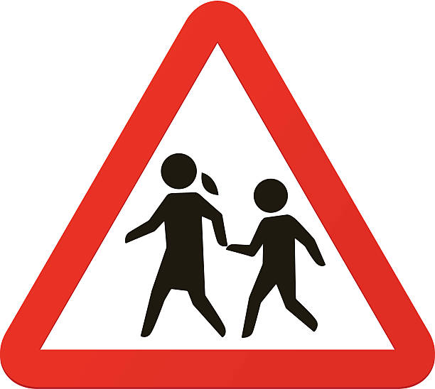 School warning  sign. School sign, roadsign with warning for crossing children. Vector EPS10 traffic silhouettes stock illustrations