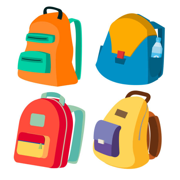 schoolbag 벡터를 설정합니다. 닫힌된 배낭 측면 보기입니다. 색 학교의 현대 배낭 플랫 만화 삽화를 절연 - 배낭 stock illustrations