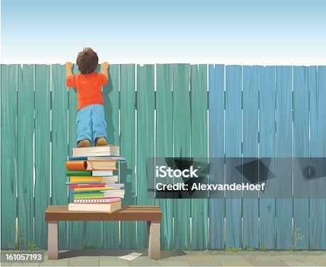 istock Schoolboy on pile of books looking over fence 161057193