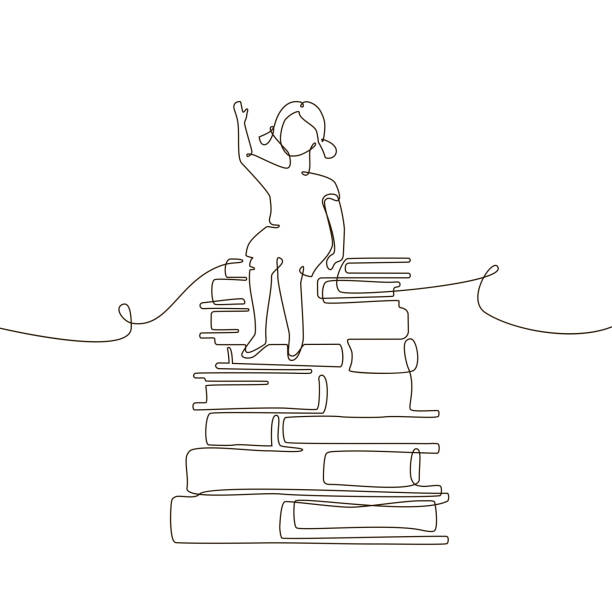 Schoolgirl - one line design style illustration Schoolgirl - one line design style illustration on white background. A composition with a young girl sitting on books, raising her hand to answer. Educational concept reading designs stock illustrations