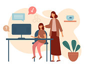 Flat style of vector image of woman helping daughter with home schooling while using computer at desk studying remotely on white background