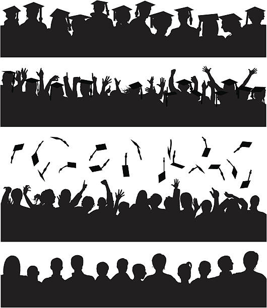 School's Over The top row shows students waiting to graduate, the second row shows them cheering, the third shows them throwing their hats into the air, and the forth shows them without hats. The hats in each row are separate and on a separate layer.  graduation silhouettes stock illustrations