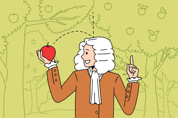 Science and physical experience concept Science and physical experience concept. Sir Isaac Newton scientist standing and exploring gravity with red fallen apple in hands vector illustration sir isaac newton images stock illustrations