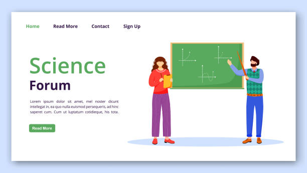 Science forum landing page vector template. Solving math problems website interface idea with flat illustrations. Modern learning technology homepage layout, web banner, webpage cartoon concept  signup stock illustrations