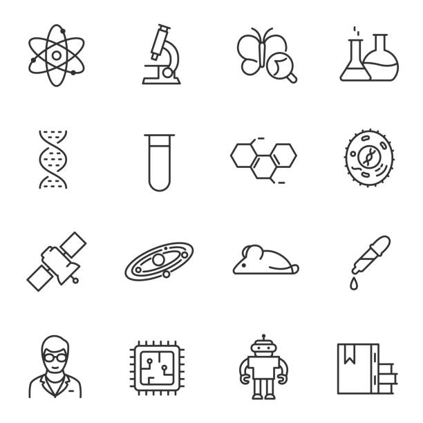 Science icons set. Line with Editable stroke Science icons set robot symbols stock illustrations