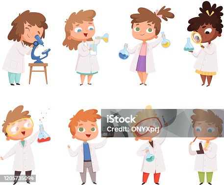 istock Science kids. Childrens in chemistry lab boys and little girls vector funny people 1205735094