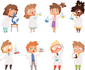 Science kids. Childrens in chemistry lab boys and little girls vector funny people. Lab science, chemistry kids in laboratory education experiment illustration