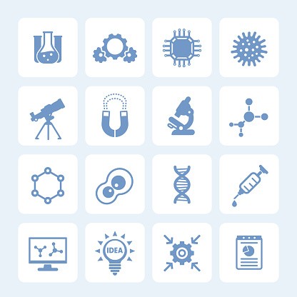 Science, laboratory study and research icons set isolated on white