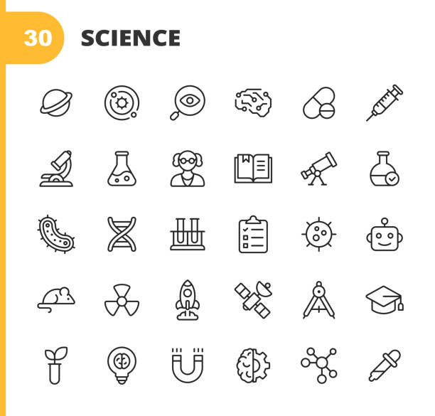 Science Line Icons. Editable Stroke. Pixel Perfect. For Mobile and Web. Contains such icons as Planet, Astronomy, Machine Learning, Artificial Intelligence, Chemistry, Biology, Medicine, Education, Scientist, Nuclear Energy, Robot, Flask, Virus. 30 Science Outline Icons. Planet, Solar System, Research, Artificial Intelligence, Drug, Syringe, Microscope, Flask, Scientist, Book, Telescope, Bacteria, DNA, Testing, Clipboard, Virus, Robot, Mouse, Energy, Rocket Science, Satellite, Education, Plant, Patent, Brain, Chemistry. science icons stock illustrations