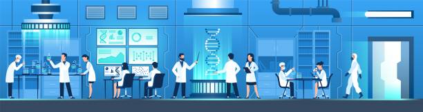 Science researching lab. Biotechnology genetic research, modification dna molecular tests. Genetic engineer scientists. Vector concept Science researching lab. Biotechnology genetic research, modification dna molecular tests. Genetic engineer scientists. Vector working laboratory doctors equipments testing medical researcher concept laboratory backgrounds stock illustrations
