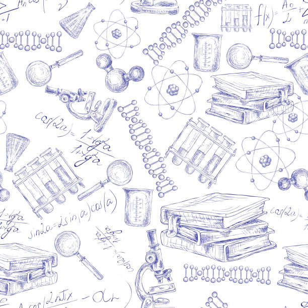 science skech seamless Science sketch seamless pattern with microscope flask atom dna structure vector illustration dna drawings stock illustrations