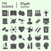 Science solid icon set, research symbols set collection or vector sketches. Technology signs set for computer web, the glyph pictogram style package isolated on white background, eps 10