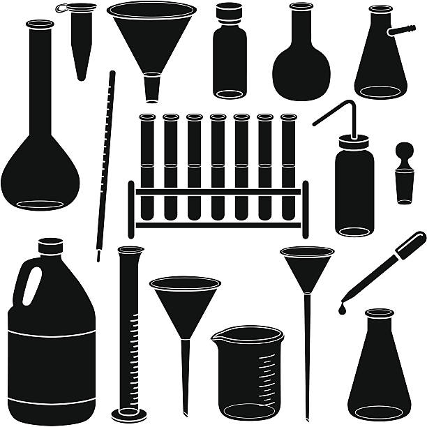 scientific glassware and laboratory equipment Vector icons of scientific glassware and laboratory equipment. laboratory silhouettes stock illustrations