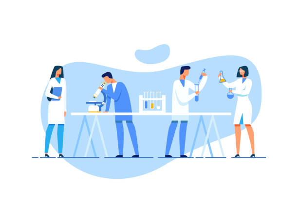 Scientific Team at Work in Research Laboratory Scientific Team Working on Creation Innovative Drug Formula. Flat Cartoon People Characters and Lab Equipment. Scientists Mixing Liquids and Examining Samples. Vector Research Laboratory Illustration chemistry illustrations stock illustrations
