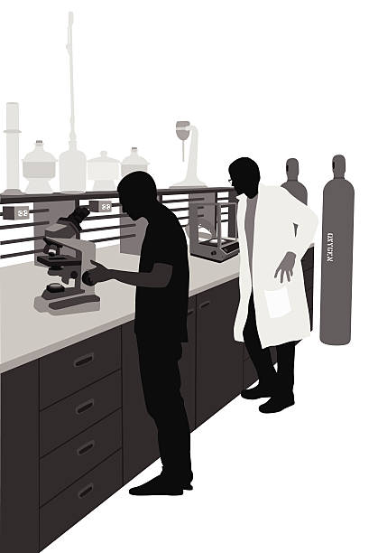 ScientificMethod Research is performed by a man looking through a microscope. laboratory silhouettes stock illustrations