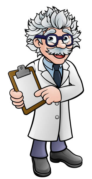 Scientist Cartoon Character Holding a Clipboard A cartoon scientist professor wearing lab white coat holding a clipboard and pointing at it albert einstein stock illustrations
