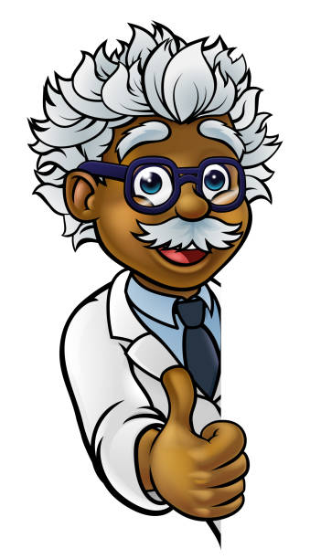 Scientist Cartoon Character Sign Thumbs Up A cartoon scientist professor wearing lab white coat peeking around sign and giving a thumbs up e=mc2 stock illustrations