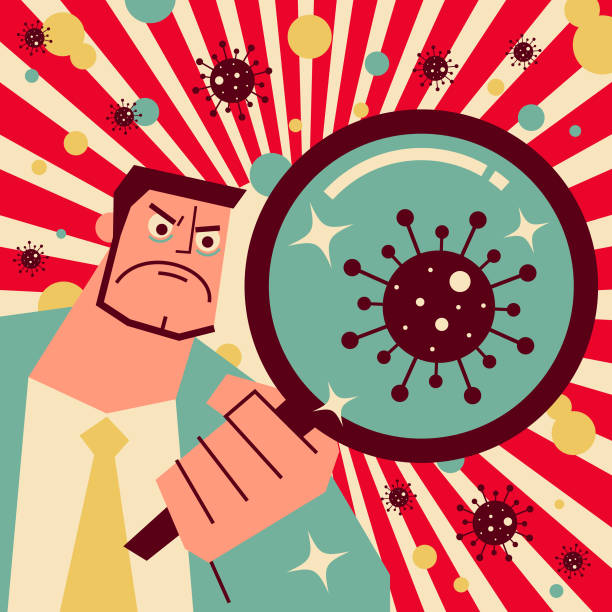 Scientist (doctor, biochemist) holding a magnifying glass finding the new virus and coronavirus vector art illustration
