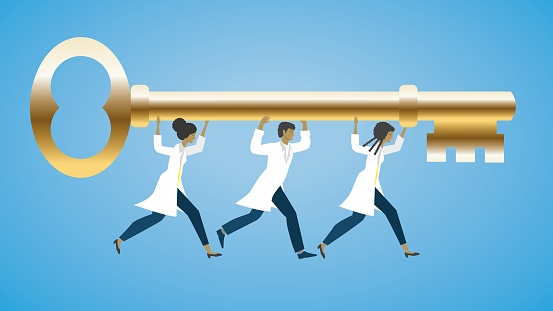 Scientist running with the golden key. Vector illustration.