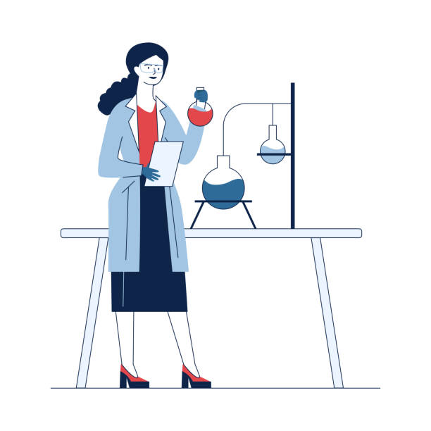 Scientist studying chemical reaction Scientist studying chemical reaction. Woman holding flask, lab worker, chemist flat vector illustration. Chemistry, science, experiment concept for banner, website design or landing web page laboratory silhouettes stock illustrations