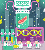 Genetic engineering vector art illustration.
Scientist (engineer, doctor, biochemist) team making cultured meat (artificial meat, in vitro meat, lab-grown burger) in laboratory.
Genetic engineering, genetic modification, GMO and gene manipulation concept.