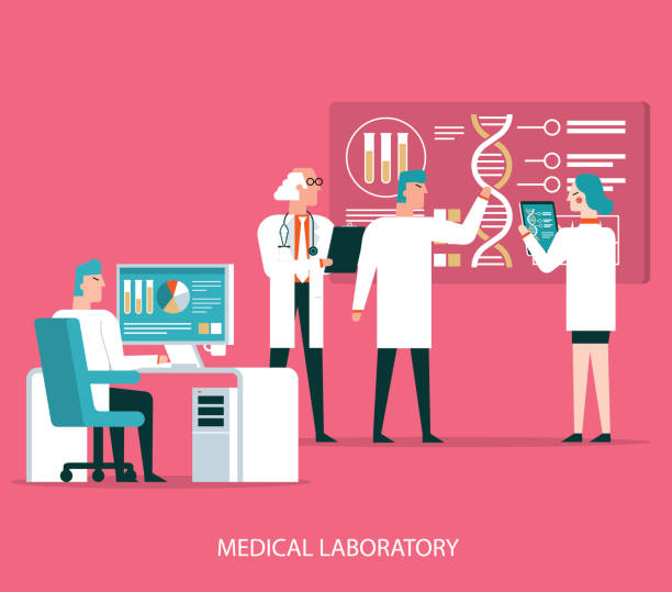 Scientists analyzing medical data Scientists analyzing medical data vector illustration stock laboratory drawings stock illustrations