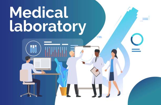Scientists analyzing medical data vector illustration Scientists analyzing medical data vector illustration. Medical test, scientific research, biotechnology. Medical laboratory concept. Creative design for presentations, templates, banners laboratory designs stock illustrations