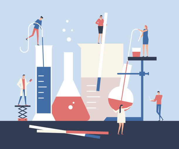 illustrazioni stock, clip art, cartoni animati e icone di tendenza di scienziati - illustrazione in stile design piatto - laboratorio scientifico
