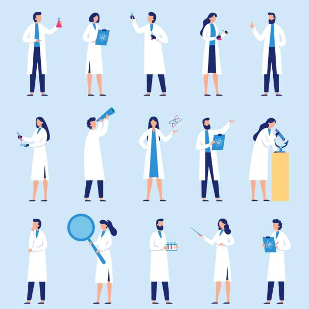 Scientists people. Science lab worker, chemical researchers and scientist professor character flat vector set Scientists people. Science lab worker, chemical researchers and scientist professor character. laboratory creative scientist job, medicine workers characters. Isolated flat vector icons set scientific experiment illustrations stock illustrations