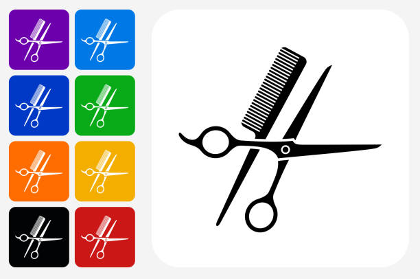 Scissors and Brush Icon Square Button Set Scissors and Brush Icon Square Button Set. The icon is in black on a white square with rounded corners. The are eight alternative button options on the left in purple, blue, navy, green, orange, yellow, black and red colors. The icon is in white against these vibrant backgrounds. The illustration is flat and will work well both online and in print. scissors stock illustrations