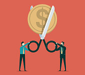 Scissors cutting coin in half, cost reduction or cut price concept. Vector illustration