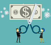 Scissors cutting money bill in half, cost reduction or cut price concept. Vector illustration