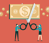 Scissors cutting money bill in half, cost reduction or cut price concept. Vector illustration