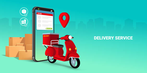 ilustrações, clipart, desenhos animados e ícones de scooter no celular. conceito de e-commerce - delivery