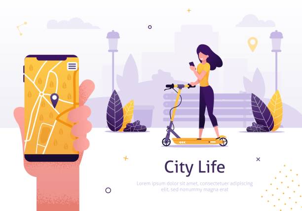 ilustrações de stock, clip art, desenhos animados e ícones de scooter sharing and rent service for mobile app - trotinetes
