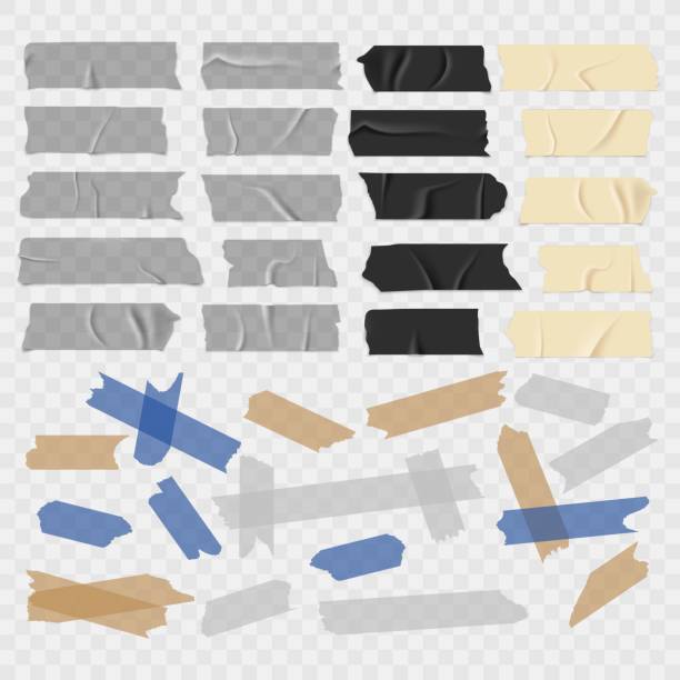 Scotch tape. Transparent adhesive tapes, sticky pieces. Isolated vector set Scotch tape. Old and black grunge, transparent adhesive tapes, sticky duct piece vector illustration set sticky tape stock illustrations