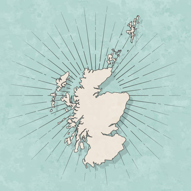 Map of Scotland in a trendy vintage style. Beautiful retro illustration with old textured paper and light rays in the background (colors used: blue, green, beige and black for the outline). Vector Illustration (EPS10, well layered and grouped). Easy to edit, manipulate, resize or colorize.