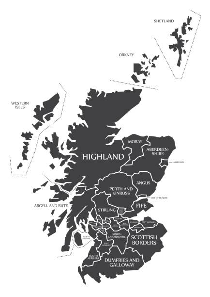 illustrazioni stock, clip art, cartoni animati e icone di tendenza di mappa scozzese etichettata nera - scotland